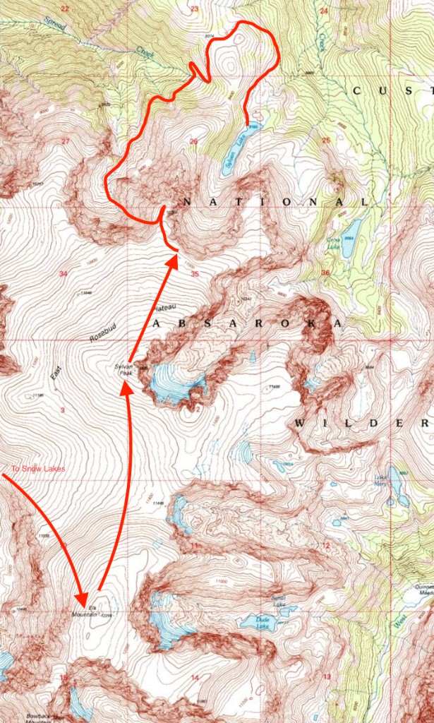Topographic map of the Absaroka route from Elk Mountain to Sylvan Peak and Sylvan Lake.