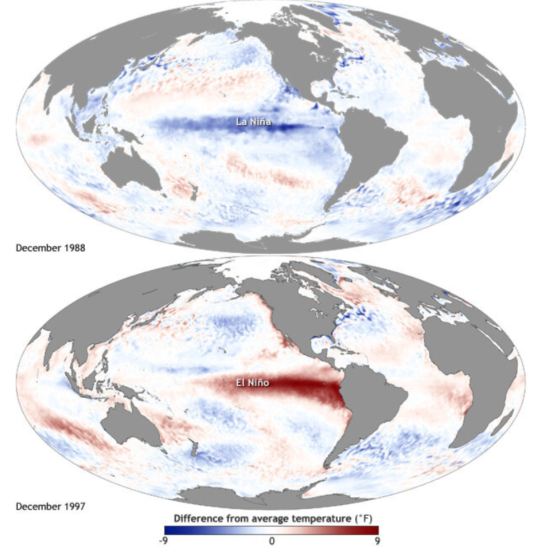 Maps comparing Pacific sea-surface temperature during La Niña in December 1988 and El Niño in December 1997.